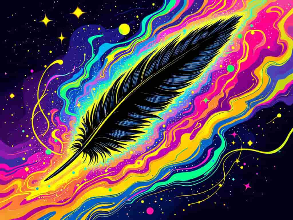 An abstract representation of a black feather emitting colorful energy waves, slightly levitating.