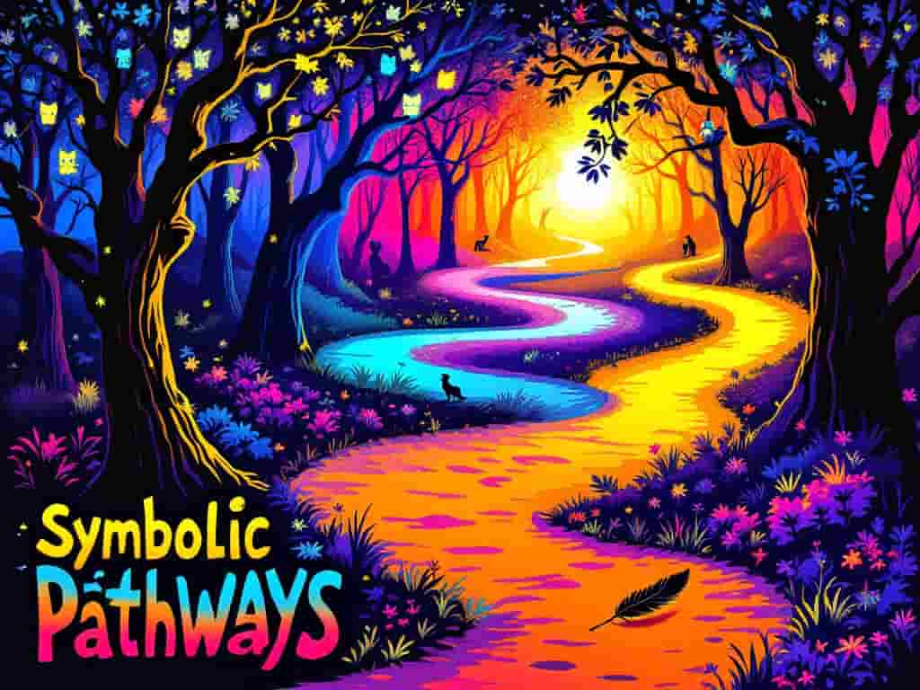 A forest path splitting into multiple glowing directions, with a single black feather in the foreground. Animal silhouettes are visible in the trees, and the title "Symbolic Pathways" appears in the corner.