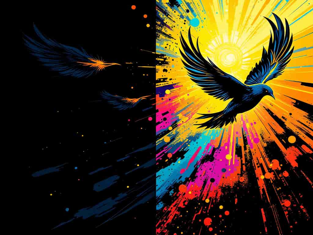 A series of images showing a black feather transforming into a flying bird against a background transitioning from dark to light.