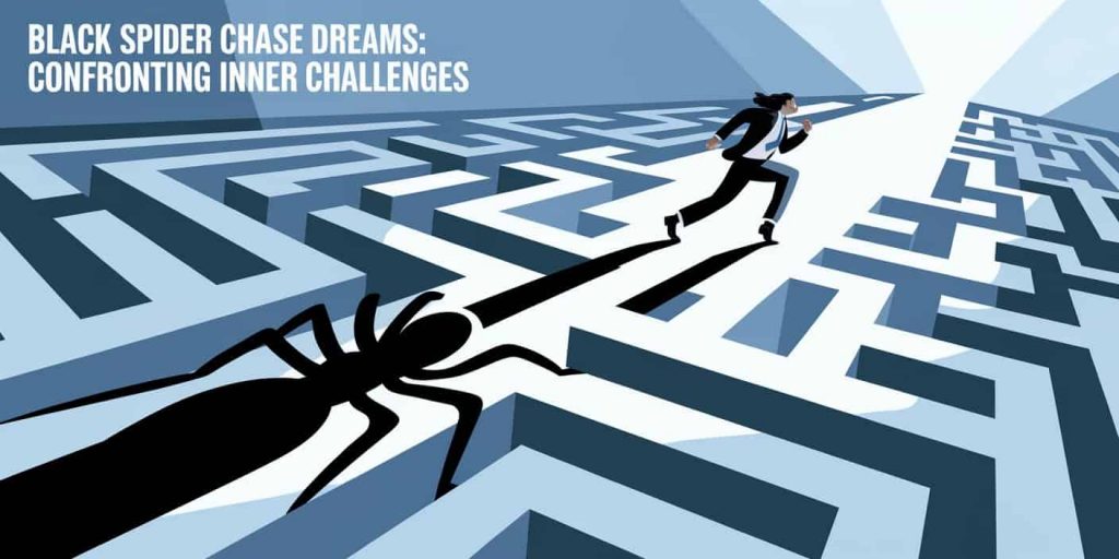 A person in a maze pursued by a spider-shaped shadow, moving towards a bright light, with text "Black Spider Chase Dreams: Confronting Inner Challenges" depicting self-reflection.