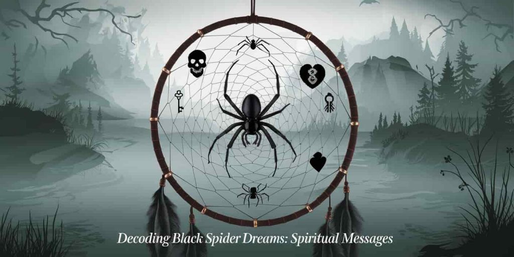 A dreamcatcher with a black spider at the center, surrounded by dream symbols, with text "Decoding Black Spider Dreams: Spiritual Messages" representing dream interpretations.