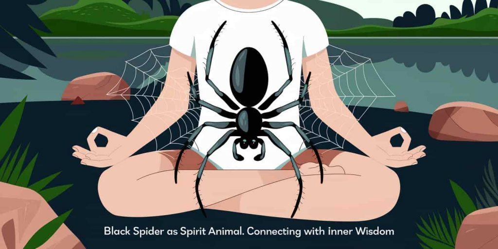 A meditating person with a black spider outline superimposed, surrounded by a glow and web patterns, with text "Black Spider as Spirit Animal: Connecting with Inner Wisdom".