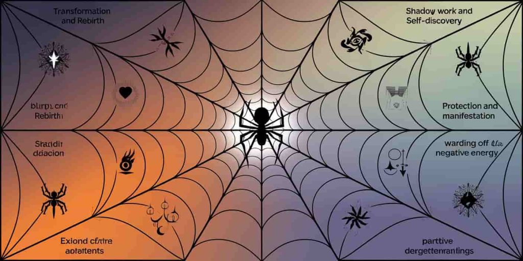 A mandala-like web with a black spider at the center. Each section of the web contains a small icon representing different spiritual concepts. The icon in the top left section represents "Transformation and rebirth". The icon in the top right section represents "Shadow work and self-discovery". The icon in the bottom left section represents "Creativity and manifestation". The icon in the bottom right section represents "Protection and warding off negative energy". The icon in the middle section represents "Intuition and psychic abilities". The icon in the middle section represents "Balance between light and dark aspects". The icon in the middle section represents "Patience and perseverance". The web has a color gradient from dark to light, symbolizing the balance of energies.