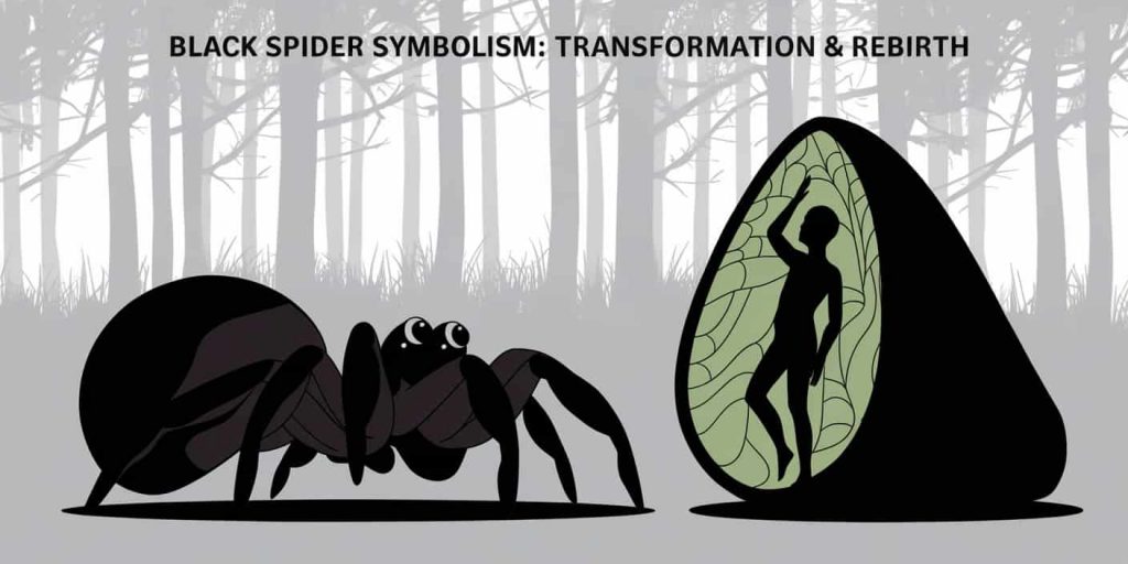 A black spider molting next to a human silhouette emerging from a cocoon, with text "Black Spider Symbolism: Transformation & Rebirth" illustrating the concept of personal growth.