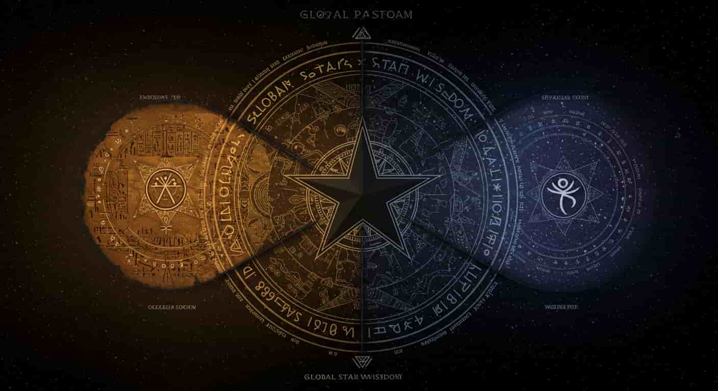 Conceptual 3D artwork depicting four cultural interpretations of black stars in separate quadrants, connected by a central black star.