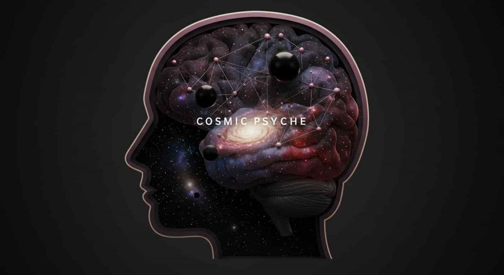 Conceptual 3D artwork of a human head silhouette filled with a cosmic scene of black stars, galaxies, and neural networks, with "Cosmic Psyche" text integrated, representing psychological aspects of black star symbolism.