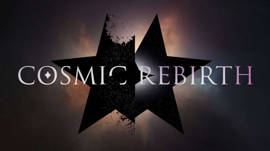 Conceptual 3D artwork of a black star half-dissolved into stardust forming a new, brighter star, symbolizing transformation and rebirth, with "Cosmic Rebirth" text against a deep space background.