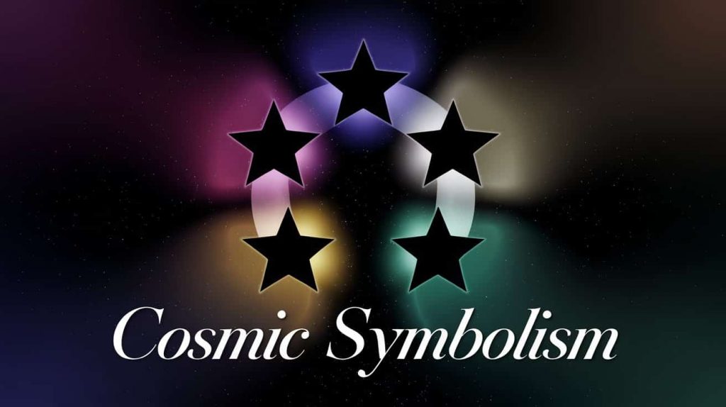Conceptual 3D artwork showing five black stars in a circle, each with a unique colored aura, representing various spiritual meanings, with "Cosmic Symbolism" text against a starry background.