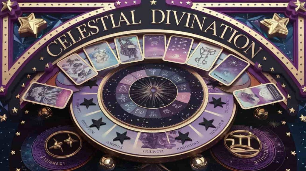 Conceptual 3D artwork combining a zodiac wheel with black stars, tarot cards, numerology symbols, and oracle imagery, featuring "Celestial Divination" text in a star-studded font.
