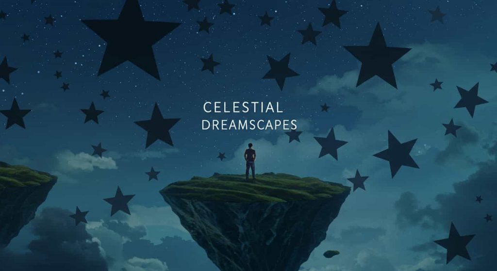 Conceptual 3D artwork of a surreal dreamscape featuring a person on a floating island gazing at a sky filled with black stars and constellations, with "Celestial Dreamscapes" text floating among the stars.
