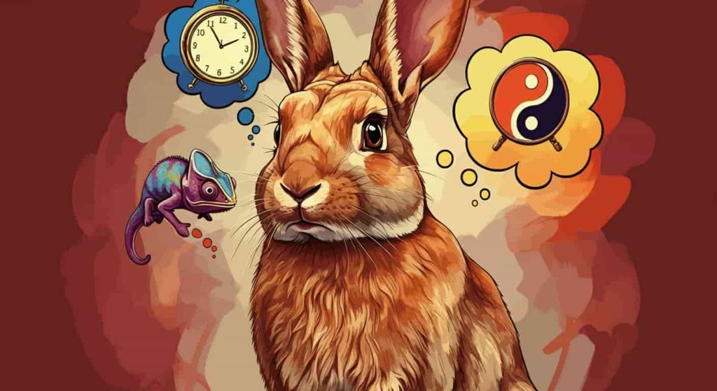 Illustration of a wise-looking brown rabbit surrounded by thought bubbles containing symbols of patience, adaptability, and balance.