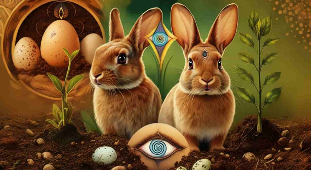 Collage depicting various spiritual symbols associated with brown rabbits, including earth elements, fertility symbols, and intuition representations.