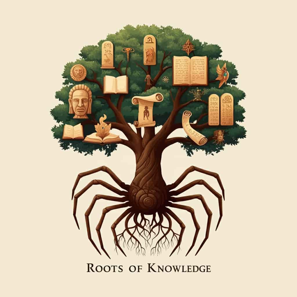 An ancient tree with roots forming a brown spider shape and branches adorned with cultural symbols, representing the brown spider as a symbol of ancient wisdom.