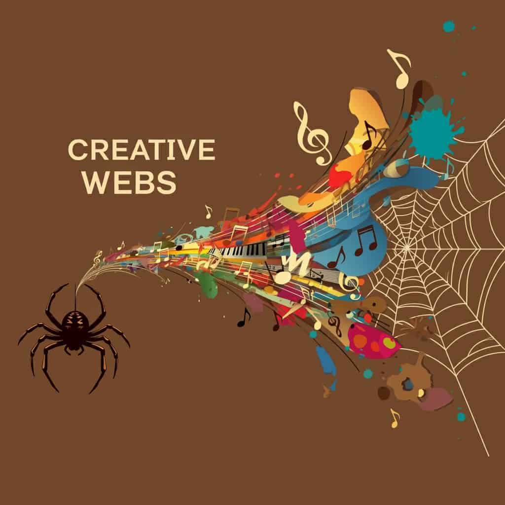 An abstract image of a brown spider's web transforming into creative elements like music notes, paint splatters, and words, representing the spider as an indicator of creativity and manifestation.