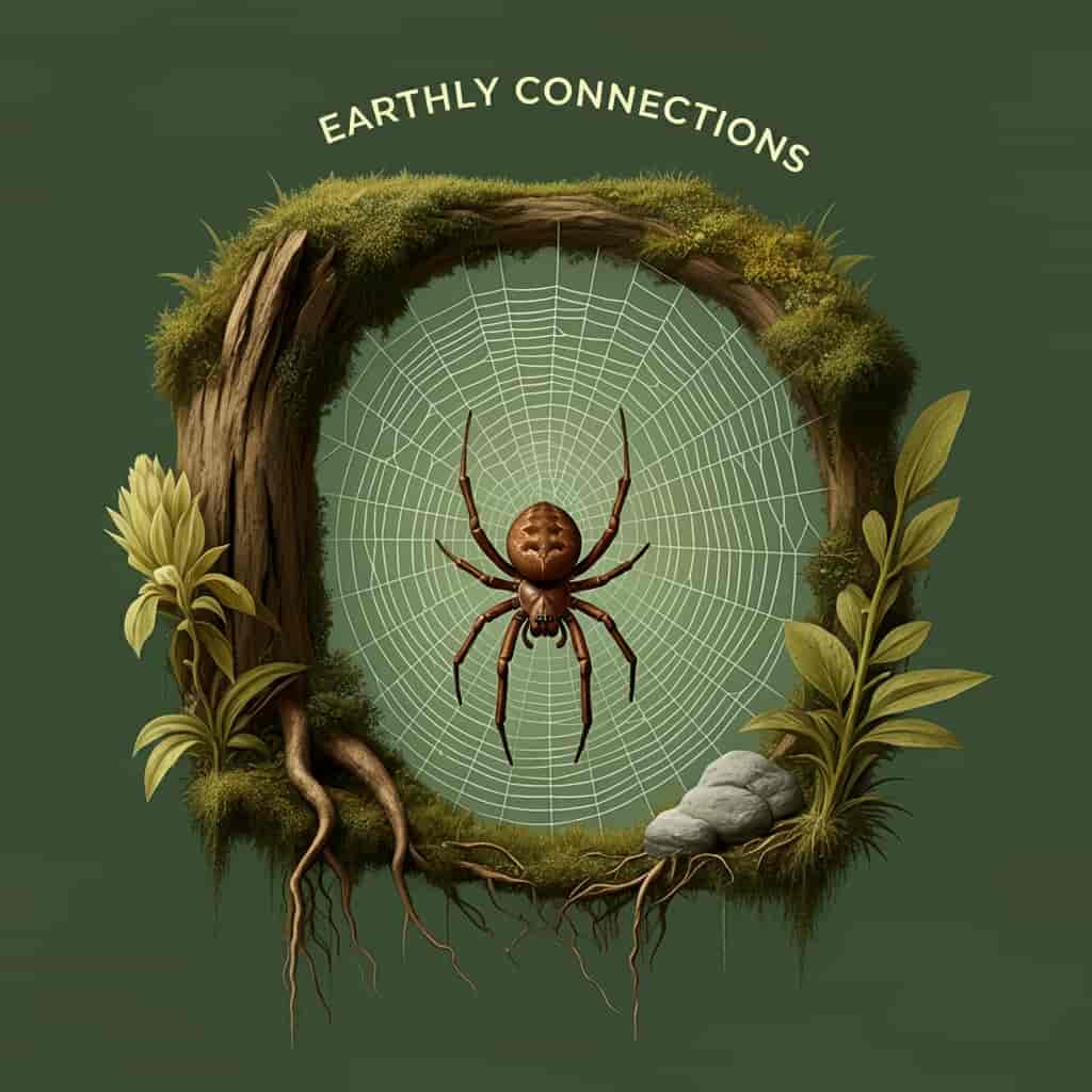 A brown spider at the center of its web anchored to natural elements like tree roots, rocks, and plants, illustrating the spider's connection to earth and stability.