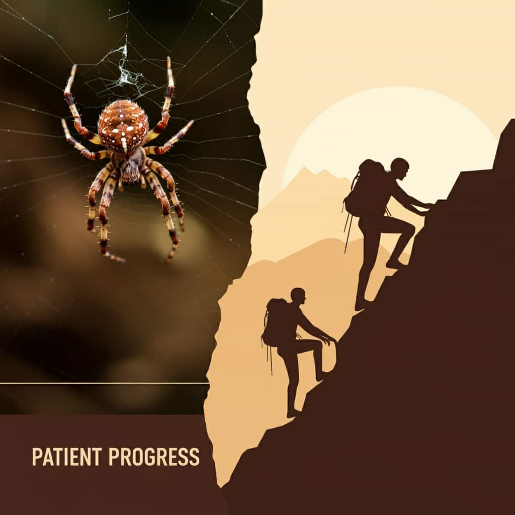 A split-screen image comparing a brown spider building its web to a human climbing a mountain, symbolizing patience and perseverance in brown spider spirituality.