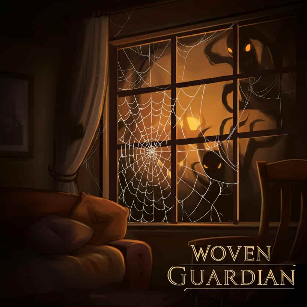 A cozy home interior with a glowing brown spider web in the window corner, acting as a barrier against shadowy threats outside, symbolizing protection and caution.
