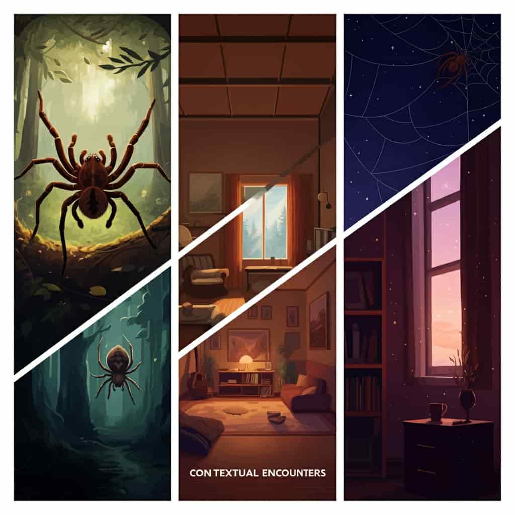 A triptych showing brown spider sightings in nature, home, and dreams, each with distinct symbolism, illustrating different contexts for interpreting brown spider encounters.