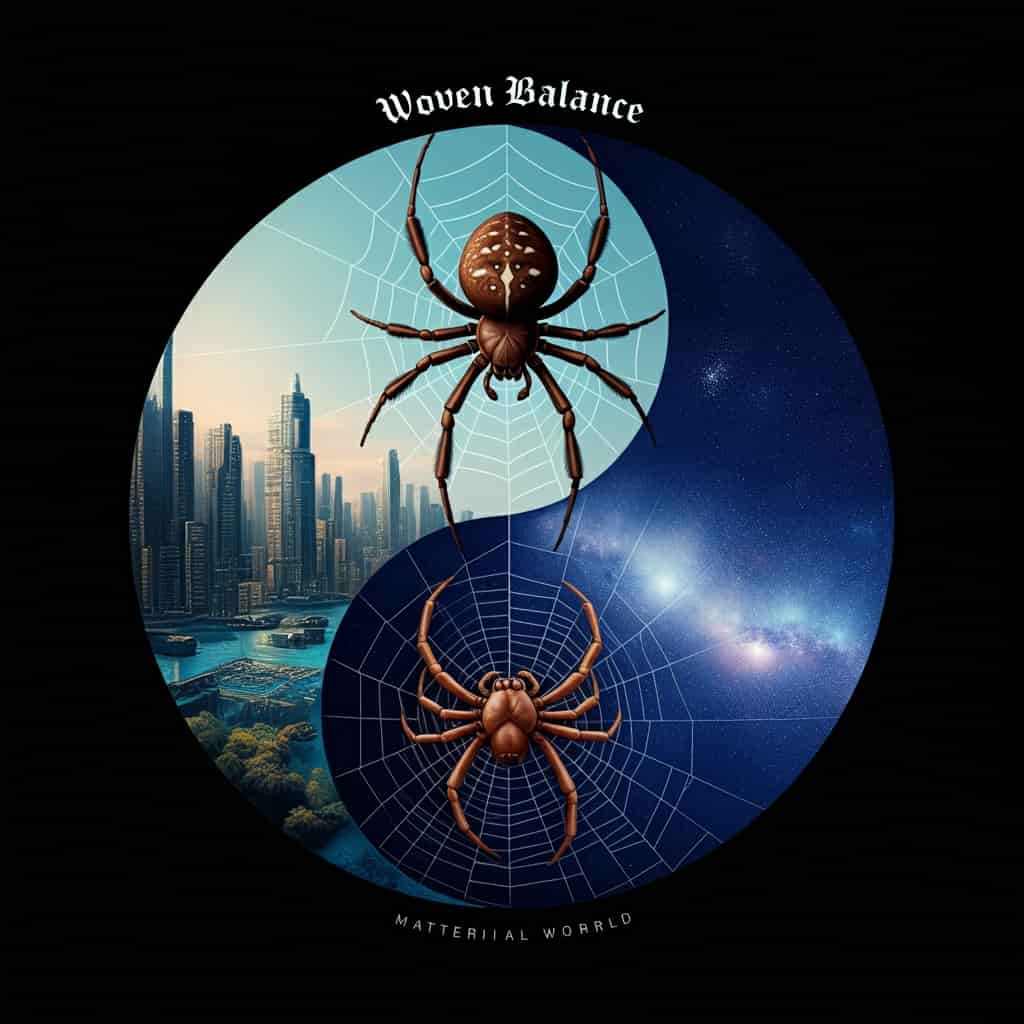 A yin-yang style image with material and spiritual realms balanced by a central brown spider and its web, illustrating the spider as a balancer of worlds.