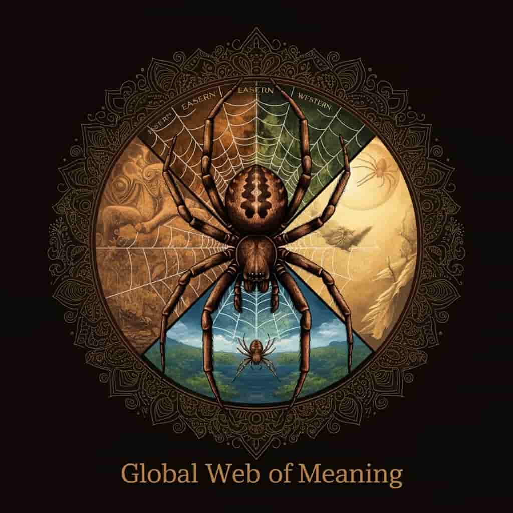 A person meditating, surrounded by spheres depicting various spiritual practices related to brown spider wisdom, connected by spider silk, showing how to incorporate this wisdom into daily life.