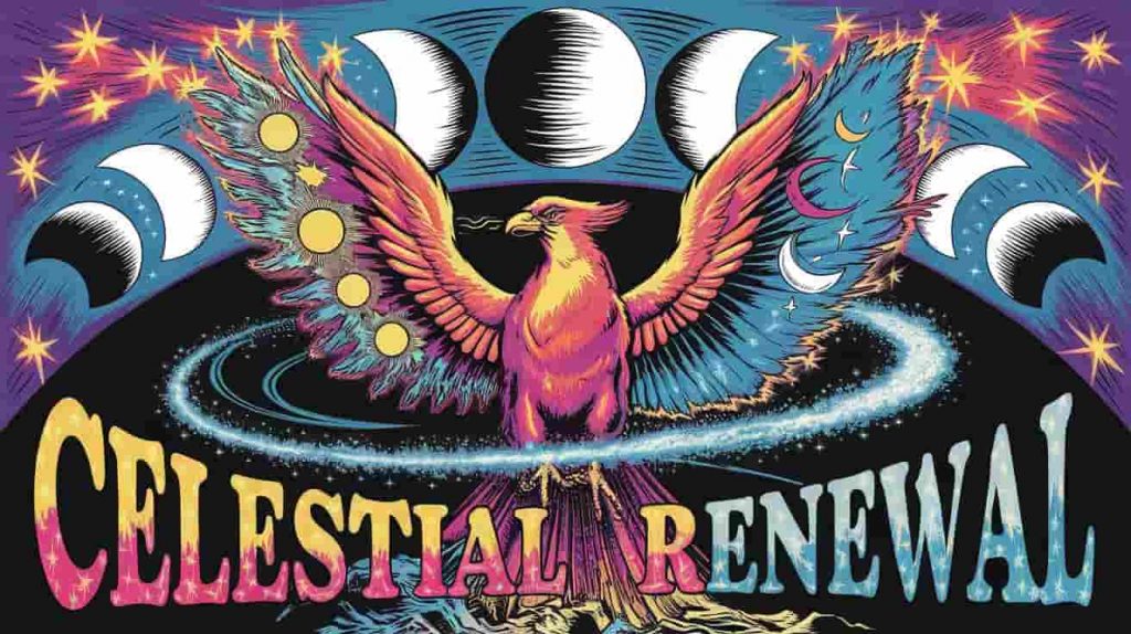 A phoenix rising with wings and tail of celestial bodies, moon phases arcing behind, and swirling stardust, symbolizing cycles of transformation and rebirth inspired by celestial patterns.