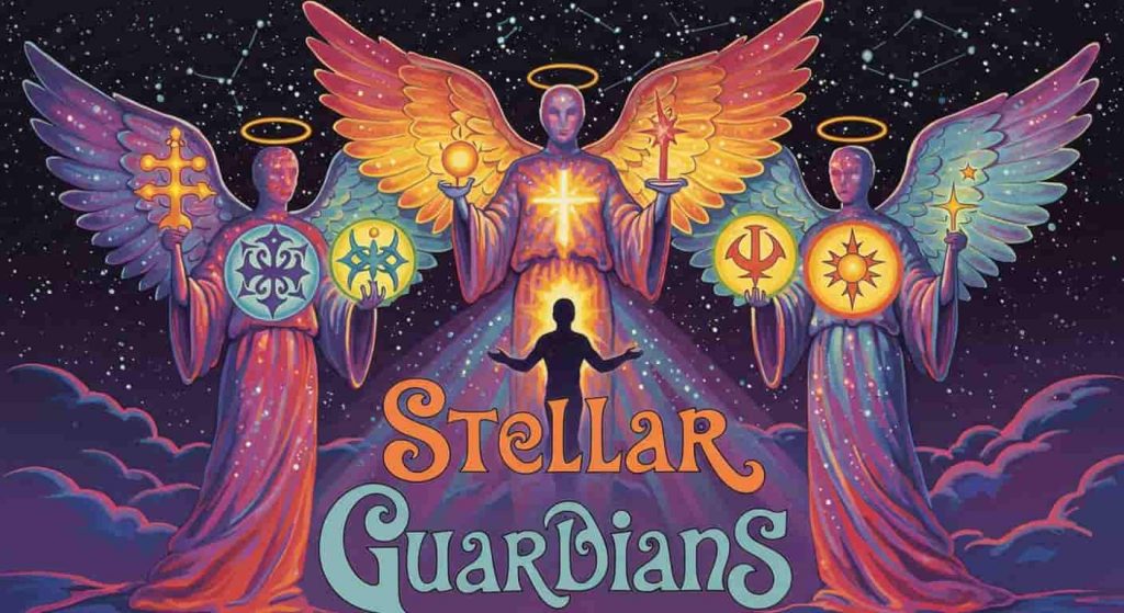Peter Max-style pop art image with the title "Stellar Guardians" integrated, showing three stardust angelic figures in a triangular formation, protecting a human silhouette against a vibrant, starry background with bold colors and patterns.