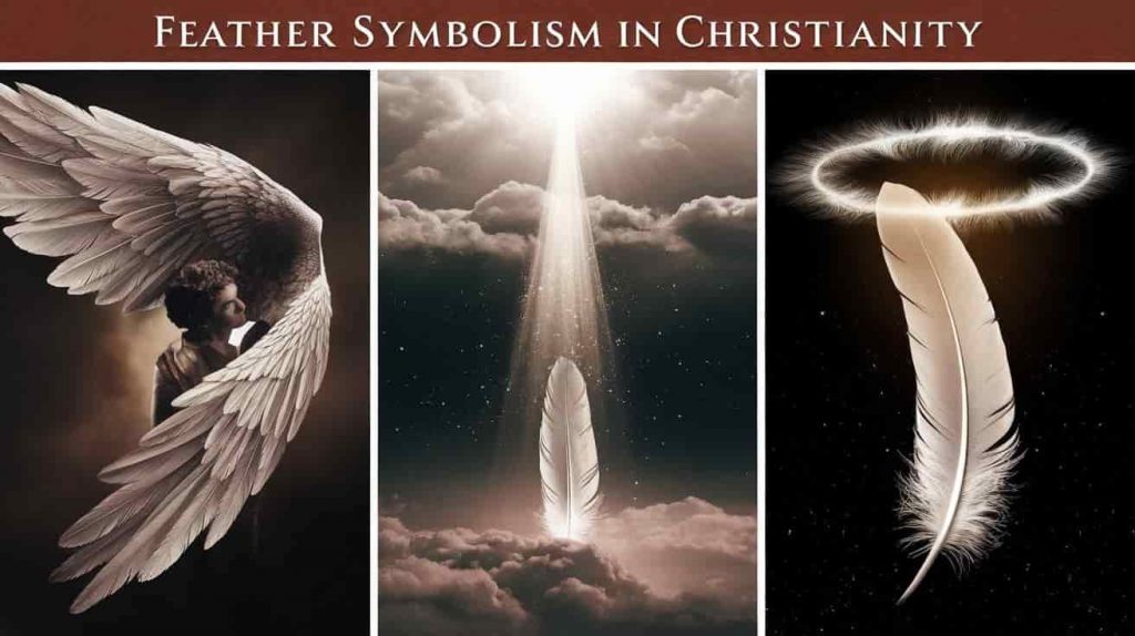 Triptych image showing protective wings, a feather transforming into light, and a white feather with a halo, representing various aspects of feather symbolism in Christianity.