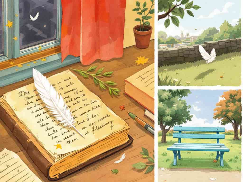 A collage of everyday scenes with small white feathers placed in unexpected locations, illustrating the importance of context in interpreting feather appearances