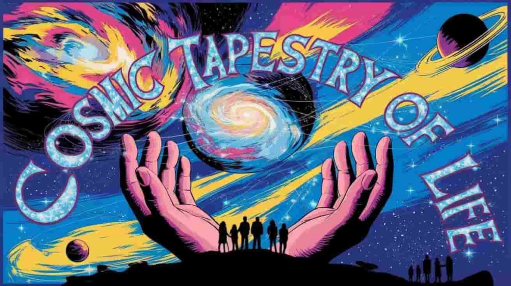 Hands cupping a miniature universe with interconnected celestial bodies, silhouettes of people gazing upward, symbolizing humanity's connection to the cosmic tapestry of life and spiritual meaning.