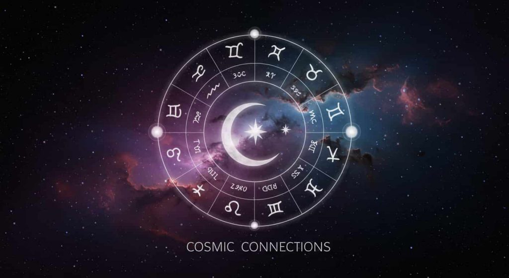 An astrological chart centered on the crescent moon and star, surrounded by zodiac symbols and planetary glyphs against a cosmic background, representing celestial interpretations and astrological significance.
