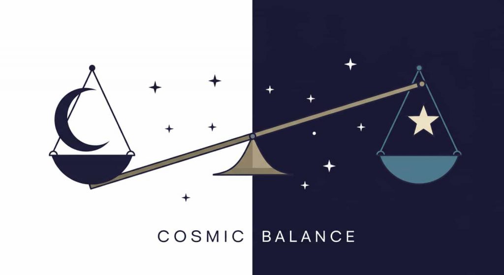 A scale balancing a crescent moon and star against a half-light, half-shadow background, illustrating the concept of balancing light and dark aspects in spiritual growth and cosmic harmony.