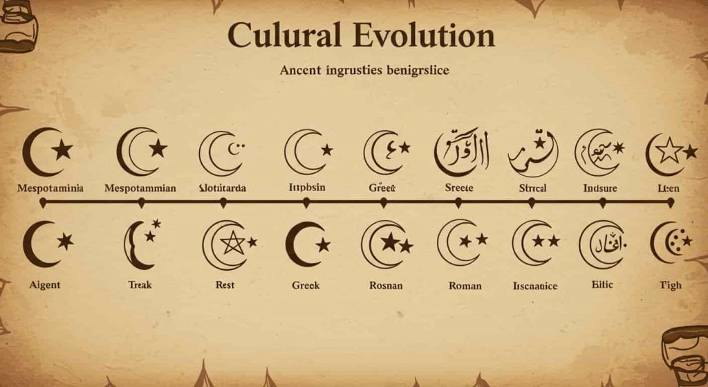  historical timeline showing the evolution of the crescent moon and star symbol across different civilizations, from ancient Mesopotamia to Islamic culture, illustrating its rich cultural significance.