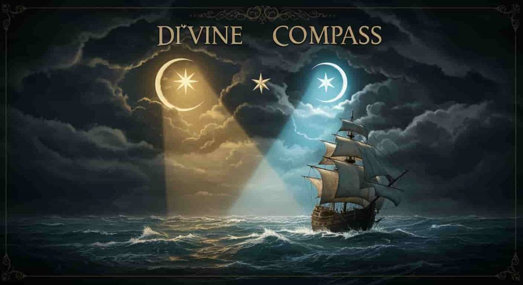 An ancient ship navigating a stormy sea guided by beams of light from a crescent moon and star, representing divine guidance and celestial navigation in spiritual journeys.