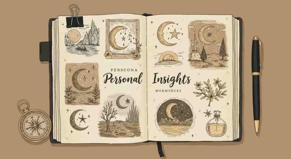 An open journal with sketches of crescent moon and star encounters in various settings, alongside a pen and compass, representing personal interpretation and spiritual insights.