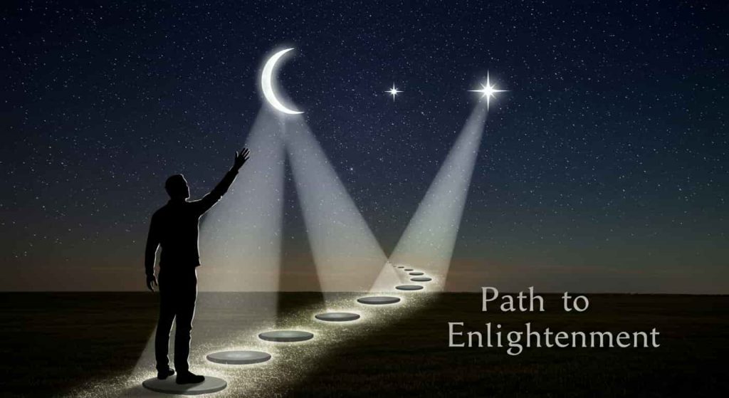 A silhouetted figure reaching towards a crescent moon and star, with illuminated stepping stones representing spiritual lessons, symbolizing personal growth and the journey towards enlightenment.