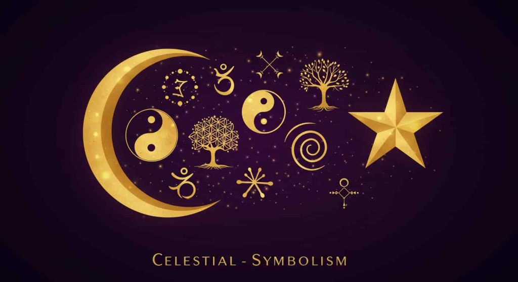 Multiple spiritual symbols emerging from a golden crescent moon and star against a purple background, illustrating diverse celestial symbolism and spiritual meanings.