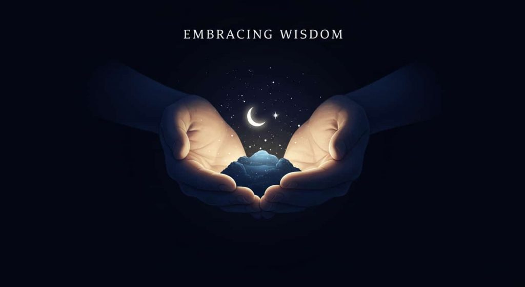 Hands cupping a miniature night sky with a radiant crescent moon and star, symbolizing the embrace of celestial wisdom and spiritual enlightenment.