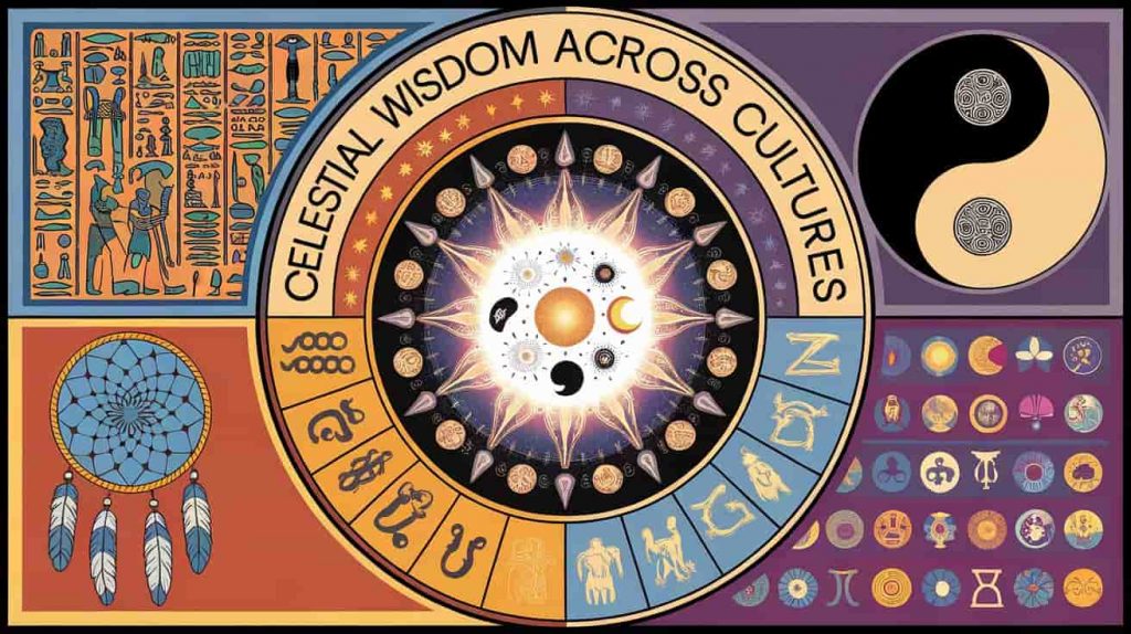 Mandala-style image depicting various cultural interpretations of celestial bodies, including Egyptian hieroglyphs, Chinese yin-yang, Native American dreamcatcher, and Greek zodiac symbols, centered around a glowing celestial orb.