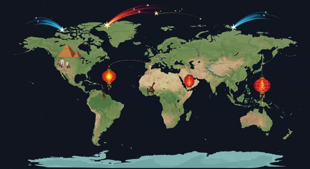 A world map featuring cultural icons from different regions connected to shooting stars, illustrating diverse cultural views on shooting star meanings.