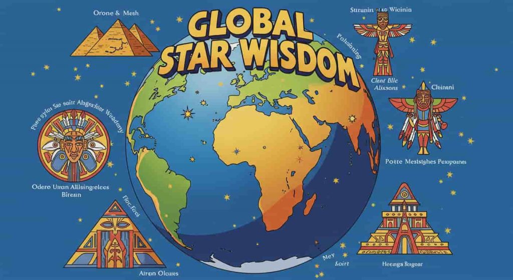 Peter Max-inspired pop art globe with the title "Global Star Wisdom" integrated, showcasing various cultural symbols related to three-star alignments in vibrant colors, including stylized Orion's Belt, pyramids, and totems.
