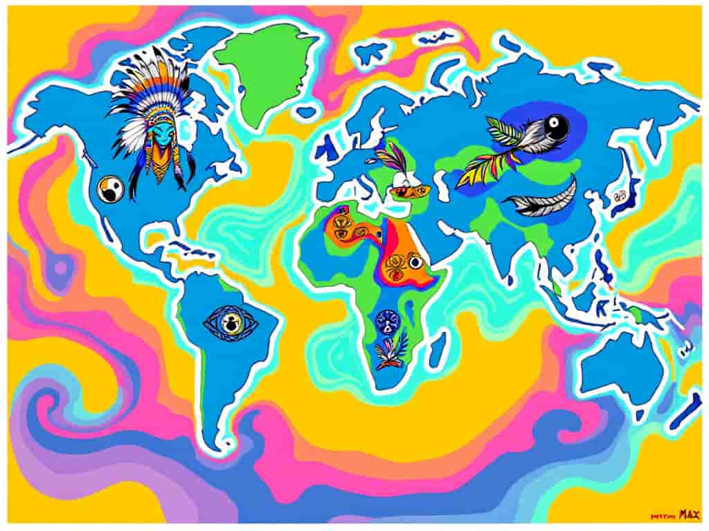 World map with highlighted regions showing cultural interpretations of feather symbolism, including Native American and Eastern representations.
