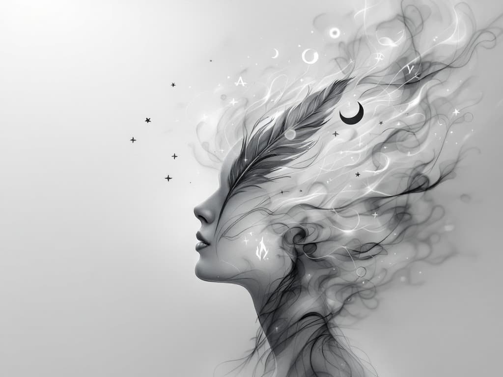 A profile of a human head with a translucent outline, filled with swirling light and dark grey, featuring a dark grey feather emitting energy waves, symbolizing the emotional and psychological aspects of dark grey feathers.