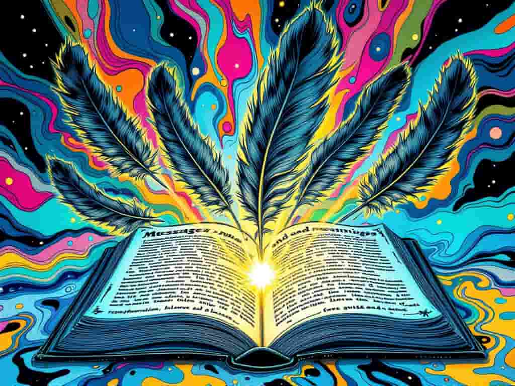 An open book with dark grey feathers floating above, emitting light beams that illuminate mystical writing and symbols, representing the messages and meanings of dark grey feathers.