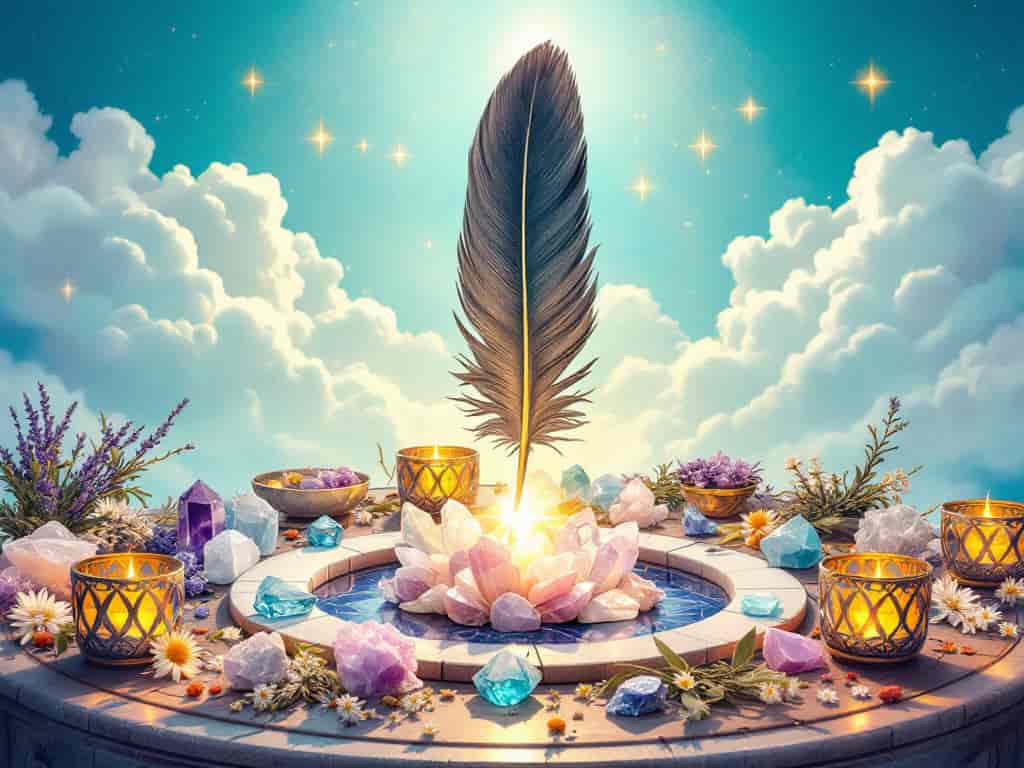 A circular altar with a dark grey feather at the center, surrounded by spiritual tools like crystals and candles, bathed in ethereal light, illustrating the use of dark grey feathers in spiritual practices.