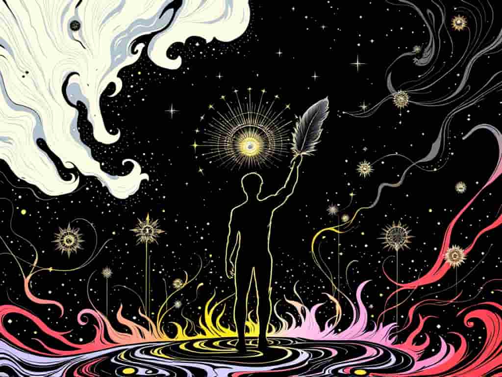 Silhouette of a person holding a dark grey feather, surrounded by a glowing aura and symbols of protection, illustrating the spiritual significance of dark grey feathers.