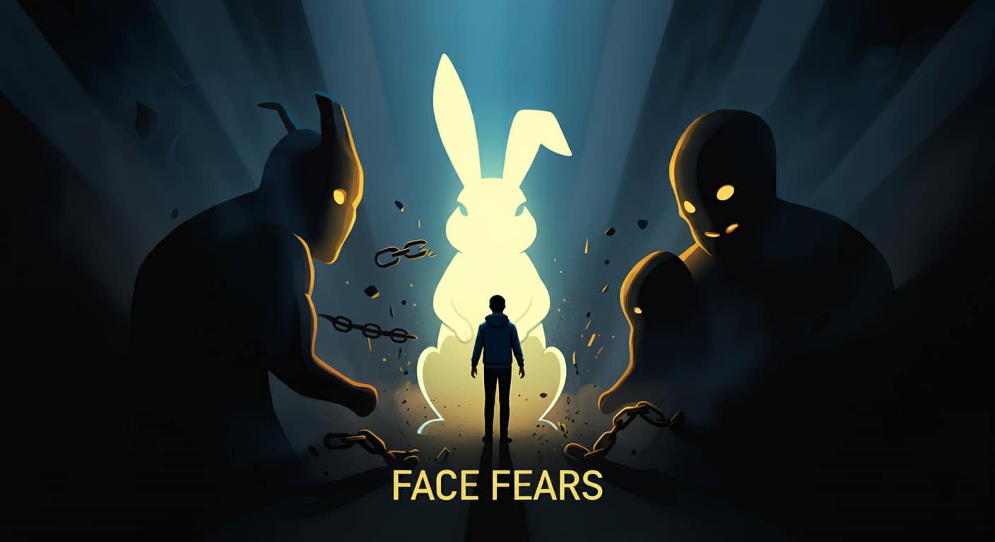 A powerful visual metaphor of a person confronting their fears, represented by shadowy forms, with a glowing rabbit silhouette symbolizing courage and resilience.
