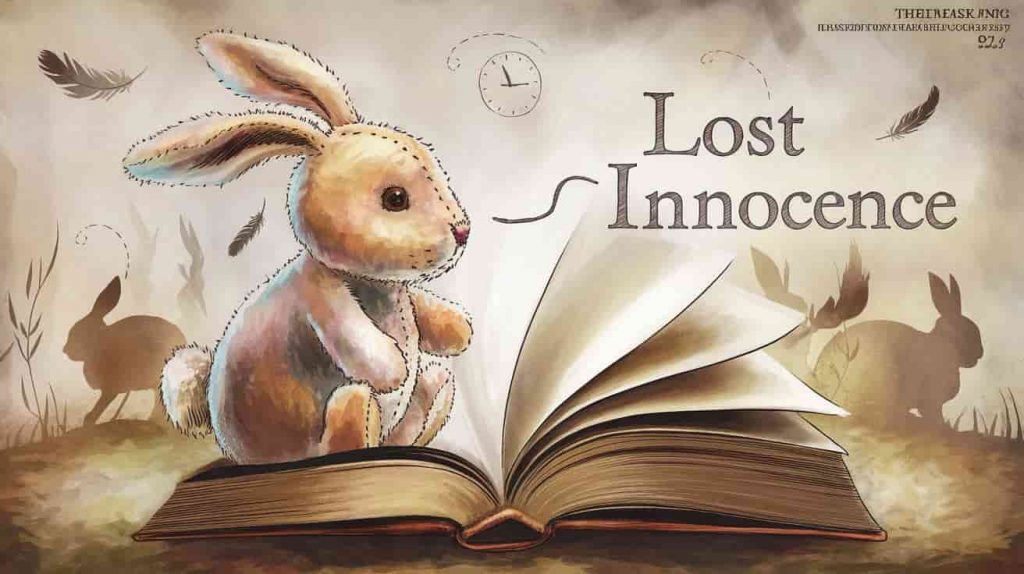 A poignant scene depicting the transition from innocence to wisdom, symbolized by a child's toy transforming into a book, with subtle rabbit imagery.