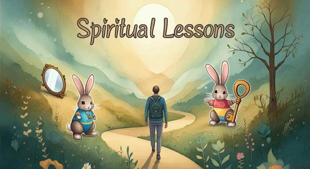 An allegorical scene showing a person on a path of self-discovery, surrounded by rabbit imagery representing various life lessons and spiritual messages.