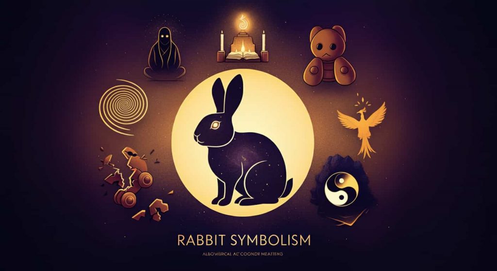 A mystical illustration depicting various spiritual symbols associated with dead rabbits, including cycles of change, balance, and facing fears.