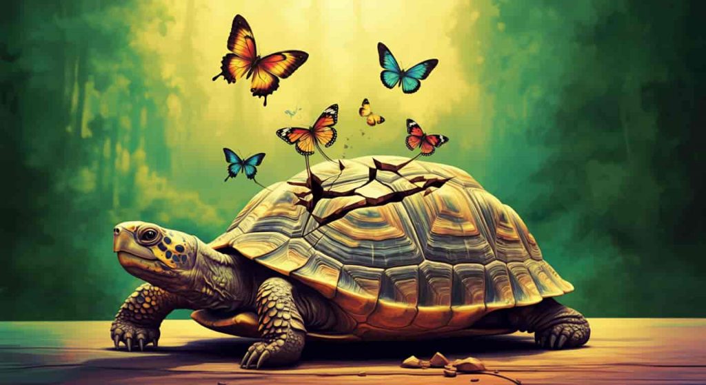 Cracked turtle shell with butterflies emerging, symbolizing the spiritual concept of release and letting go associated with a dead turtle's meaning.